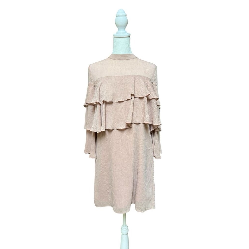 English Factory Blush Pink Ruffle Tiered Shift Dress Bell Sleeve Small